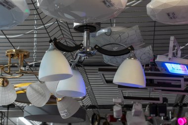 Lamps, selective focus. Goods in a building materials store. June 24, 2022 Beltsy Moldova.