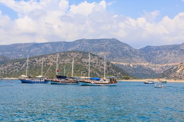 August 10, 2022 Demre, Antalya province, Turkey. Yachts off the Mediterranean coast. Background with copy space for text