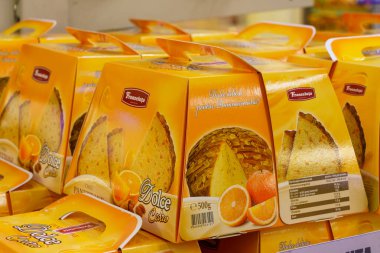 Easter panettones. Goods on the store shelf, supermarket showcase. April 14, 2022 Beltsy Moldova.