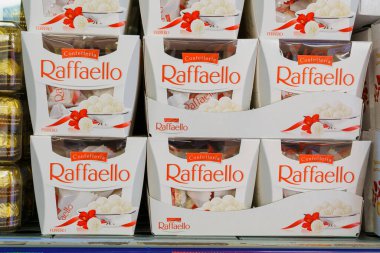 Boxes with Raffaello sweets. Goods on the store shelf, supermarket showcase. April 14, 2022 Beltsy Moldova.