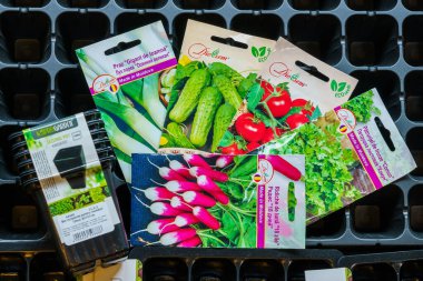 Seeds on the background of trays for seedlings. February 17, 2022 Beltsy Moldova.