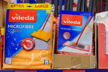 Rags for mops on a store shelf. April 7, 2022 Beltsy Moldova.