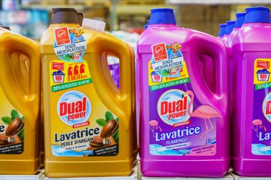 Liquid laundry detergent on a store shelf in the household chemicals department. April 7, 2022 Beltsy Moldova.