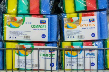 Sponges for washing dishes on a store shelf. April 7, 2022 Beltsy Moldova.