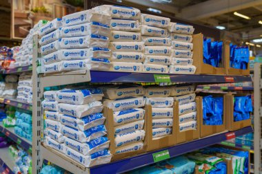 Antibacterial wet wipes in a personal care store. April 7, 2022 Beltsy Moldova.