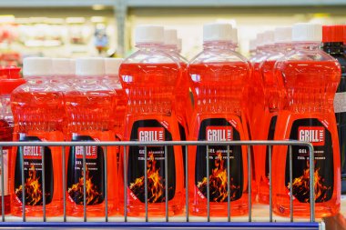 Lighter fluid for charcoal at a picnic on a store shelf. April 30, 2022 Beltsy Moldova.