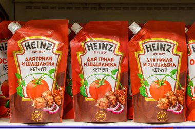 Heinz ketchup for grill and kebab on the store shelf. April 30, 2022 Beltsy Moldova.