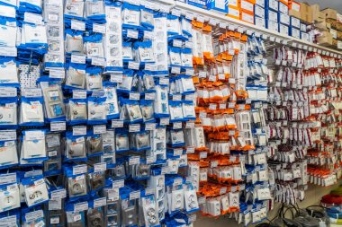 Switches and sockets. Goods in a building materials store. June 24, 2022 Beltsy Moldova.
