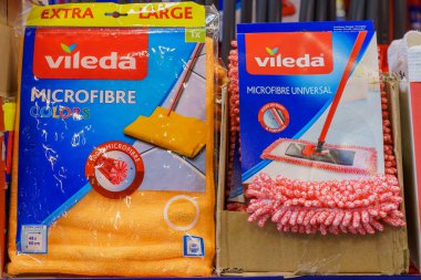 Rags for mops on a store shelf. April 7, 2022 Beltsy Moldova.