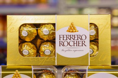 Ferrero Rocher chocolates. Goods on the store shelf, supermarket showcase. April 14, 2022 Beltsy Moldova.