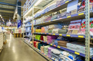 Tablecloths and textiles on the store shelf. January 26, 2022 Beltsy Moldova.