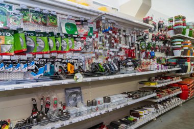 Power tools. Goods in a building materials store. June 24, 2022 Beltsy Moldova.
