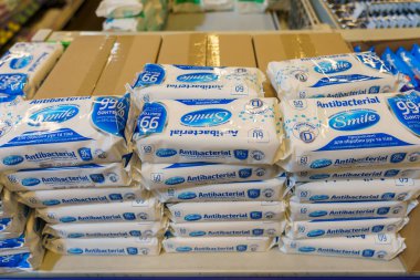 Antibacterial wet wipes in a personal care store. April 7, 2022 Beltsy Moldova.