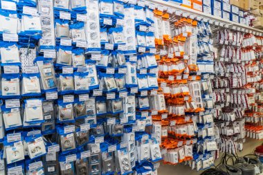 Switches and sockets. Goods in a building materials store. June 24, 2022 Beltsy Moldova.
