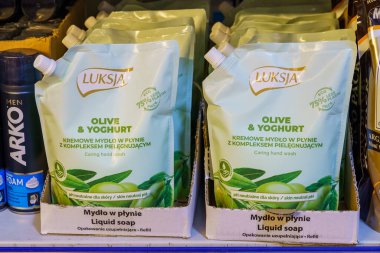 Liquid soap on the store shelf. April 7, 2022 Beltsy Moldova.