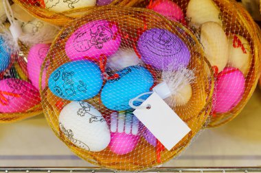 Decorative eggs for Easter. Goods on the store shelf, supermarket showcase. April 14, 2022 Beltsy Moldova.