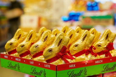 Chocolate bunnies sweets for Easter holidays. Goods on the store shelf, supermarket showcase. April 14, 2022 Beltsy Moldova.