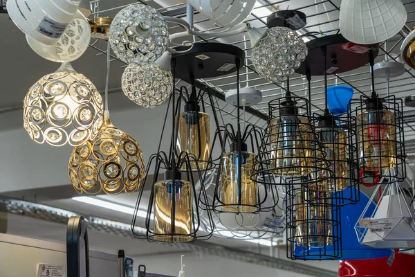 Lamps, selective focus. Goods in a building materials store. June 24, 2022 Beltsy Moldova.