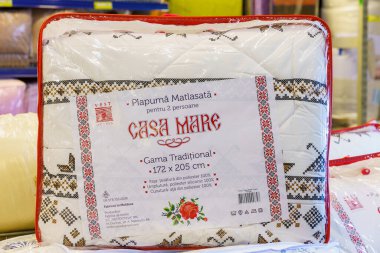 Blankets for the bedroom on the store shelf. January 26, 2022 Beltsy Moldova.
