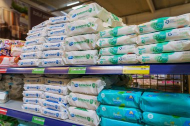 Antibacterial wet wipes in a personal care store. April 7, 2022 Beltsy Moldova.