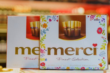 Boxes with chocolates are nice sweets for Valentine's day on the store shelf. Illustrative editorial. February 24, 2022 Balti Moldova