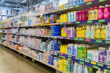 Products on a shelf in the personal care department. April 7, 2022 Beltsy Moldova.