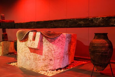 Historical antique tools in the olive museum. Illustrative editorial. August 9, 2022 Kuzdere, Antalya Province, Turkey