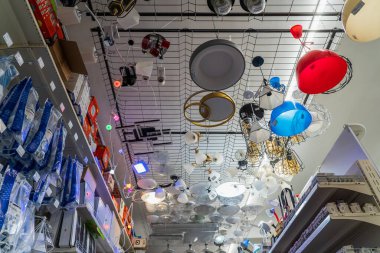 Lamps, selective focus. Goods in a building materials store. June 24, 2022 Beltsy Moldova.