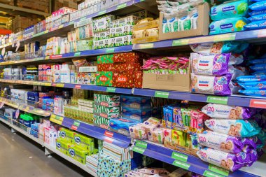 Products on a shelf in the personal care department. April 7, 2022 Beltsy Moldova.