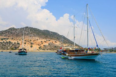 August 10, 2022 Demre, Antalya province, Turkey. Yachts off the Mediterranean coast. Background with copy space for text
