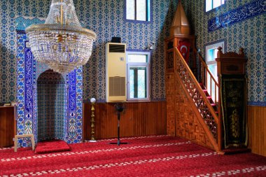 August 11, 2022 Beldibi, Kemer district, Antalya Province, Turkey. Mosque interior. Background with copy space for text