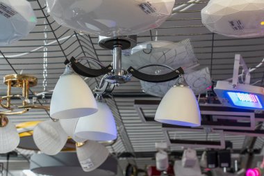 Lamps, selective focus. Goods in a building materials store. June 24, 2022 Beltsy Moldova.