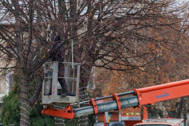 Work on decorating the trees of the city with garlands. December 16, 2021 Balti Moldova.