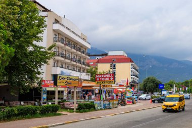 August 11, 2022 Beldibi, Kemer district, Antalya Province, Turkey. Hotels in the tourist resort village. Background with copy space for text