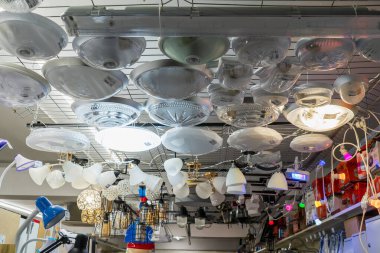 Lamps, selective focus. Goods in a building materials store. June 24, 2022 Beltsy Moldova.