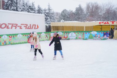 Street city ice skating rink, active winter recreation. December 28, 2021 Beltsy Moldova