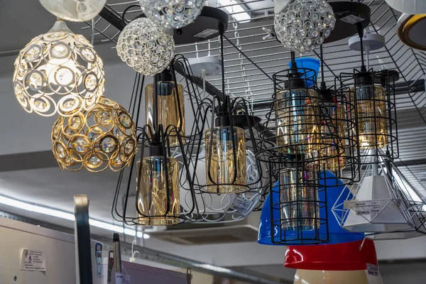Lamps, selective focus. Goods in a building materials store. June 24, 2022 Beltsy Moldova.