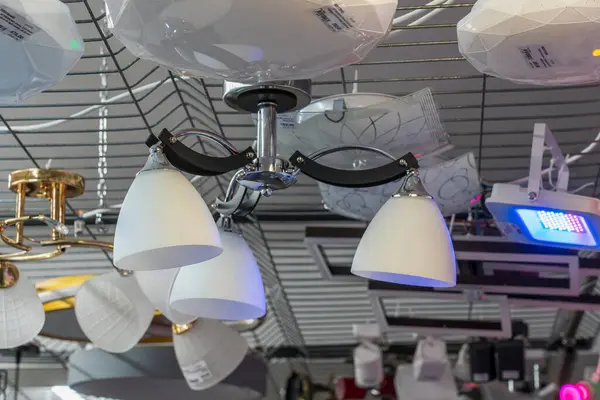 Lamps, selective focus. Goods in a building materials store. June 24, 2022 Beltsy Moldova.