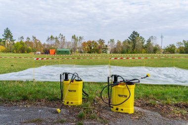 Sprayers with atomizers in the area for disinfection and deactivation of radiation. October 12, 2022 Beltsy Moldova