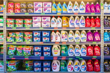 Showcase with liquid powders. Department of cleanliness in the supermarket. October 11, 2022 Beltsy Moldova.