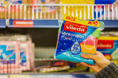 Rag for cleaning dust. Department of cleanliness in the supermarket. October 11, 2022 Beltsy Moldova.