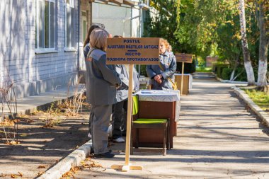 Place of selection of gas masks with selective focus. Editorial news background. October 11, 2022 Beltsy Moldova.