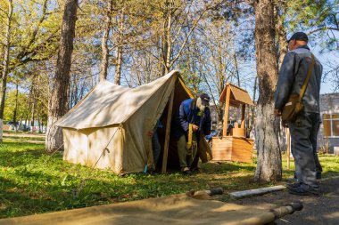 Gas mask test tent with selective focus. Editorial news background. October 11, 2022 Beltsy Moldova.