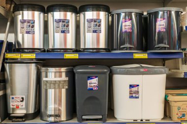 Buckets for garbage. Department of cleanliness in the supermarket. October 11, 2022 Beltsy Moldova.