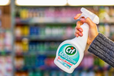 All-purpose cleaner, selective focus. Department of cleanliness in the supermarket. October 11, 2022 Beltsy Moldova.