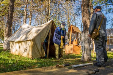 Gas mask test tent with selective focus. Editorial news background. October 11, 2022 Beltsy Moldova.