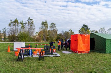 Zone for decontamination and deactivation of radiation. Field work of the Ministry of Emergency Situations. October 12, 2022 Beltsy Moldova