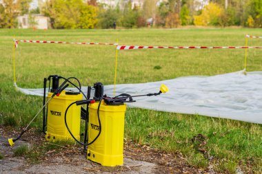 Sprayers with atomizers in the area for disinfection and deactivation of radiation. October 12, 2022 Beltsy Moldova