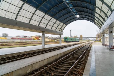 Railway platform at the city station. Editorial background. November 6, 2022 Chisinau Moldova.