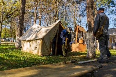 Gas mask test tent with selective focus. Editorial news background. October 11, 2022 Beltsy Moldova.